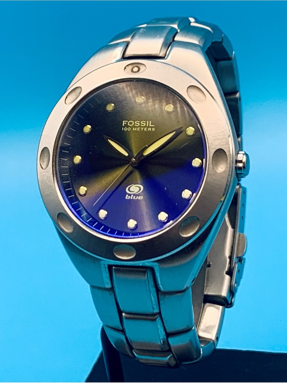 FOSSIL BLUE AM-3455 Men’s Vintage Quartz Wristwatch All St Steel Works New Batt